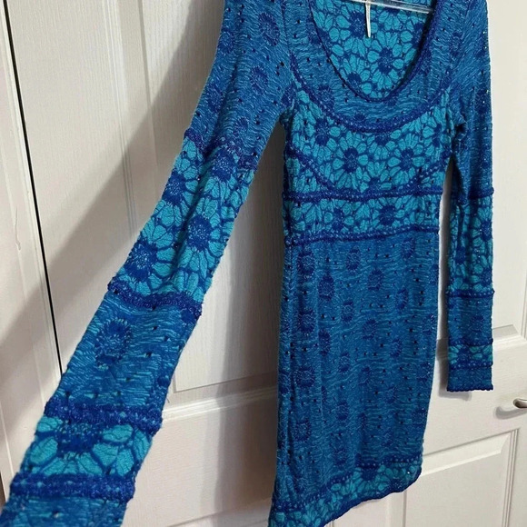 Free People Botanical Forest Long Sleeve Floral Bodycon Dress Blue Daisy XS - Picture 9 of 13
